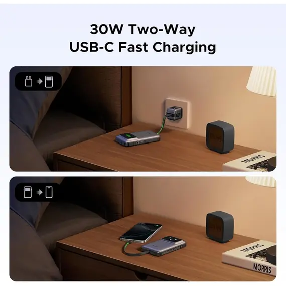 პორტატული დამტენი UGREEN PB511 (35603B) Uno, 10000mAh, USB, Type-C, Power Bank With Built In Cable, Grey , 7 image - Primestore.ge
