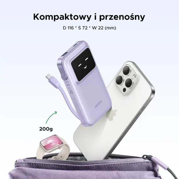 პორტატული დამტენი UGREEN PB511 (35604B) Uno, 10000mAh, USB, Type-C, Power Bank With Built In Cable, Purple , 11 image - Primestore.ge