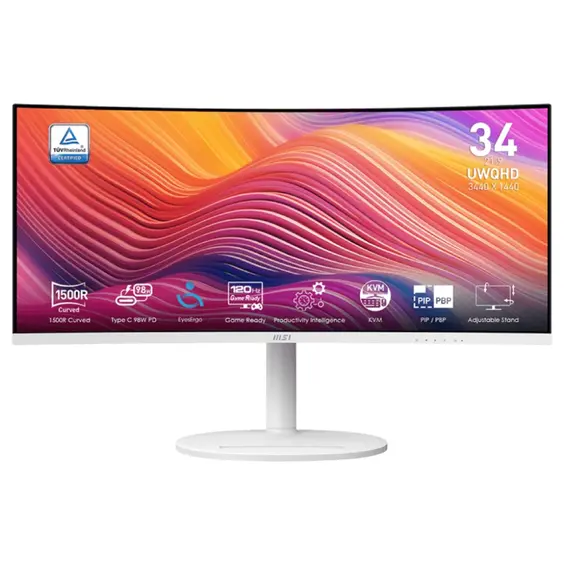 მონიტორი MSI 9S6-3PC59H-021 Modern MD342CQPW, 34", Curved Monitor, WQHD, VA, HDMI, DP, USB-C, USB, 3.5mm, White  - Primestore.ge