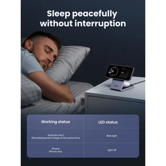 უსადენო დამტენი UGREEN W706 (45023) MagFlow Qi2, 15W, 2-in-1 Magnetic Wireless Charger, Grey , 2 image - Primestore.ge