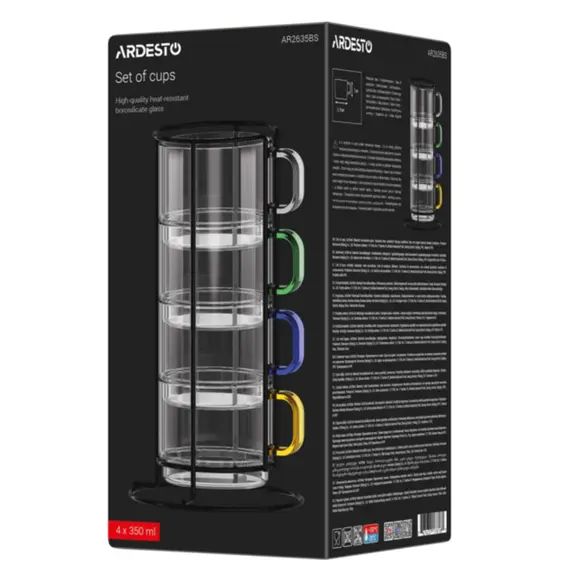 ჭიქების ნაკრები Ardesto Set of cups 350ml, 4pcs, borosilicate glass, transparent , 5 image - Primestore.ge