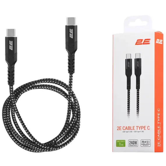 USB კაბელი 2E Сable USB-C > USB-C charge/data, 1m, 240W Type-C, Aluminum Shell, black  - Primestore.ge