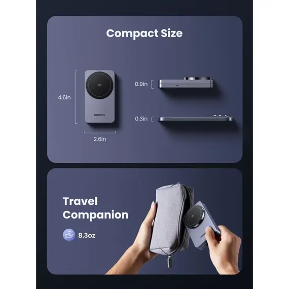 უსადენო დამტენი UGREEN W706 (45023) MagFlow Qi2, 15W, 2-in-1 Magnetic Wireless Charger, Grey , 3 image - Primestore.ge