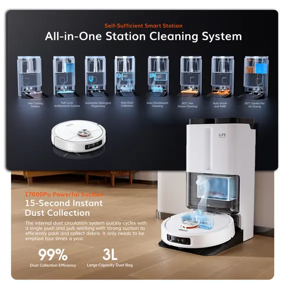 რობოტი მტვერსასრუტი Ilife T60S, 17000Pa, LiDAR + Ai, Robot Vacuum Cleaner, White , 12 image - Primestore.ge