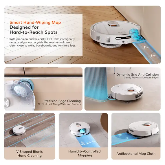 რობოტი მტვერსასრუტი Ilife T60S, 17000Pa, LiDAR + Ai, Robot Vacuum Cleaner, White , 13 image - Primestore.ge