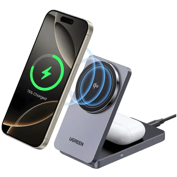 უსადენო დამტენი UGREEN W706 (45023) MagFlow Qi2, 15W, 2-in-1 Magnetic Wireless Charger, Grey  - Primestore.ge