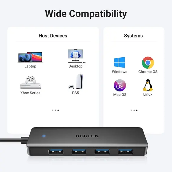 USB ჰაბი UGREEN CM219 (25851), 4xUSB 3.0, USB Hub, Black - Primestore.ge