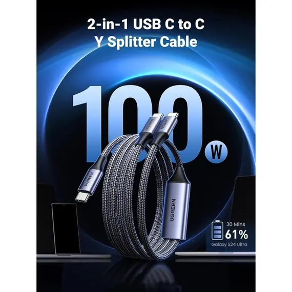 USB კაბელი UGREEN US561 (35087), 100W, Type-C to Type-C, 1.5m, Grey - Primestore.ge