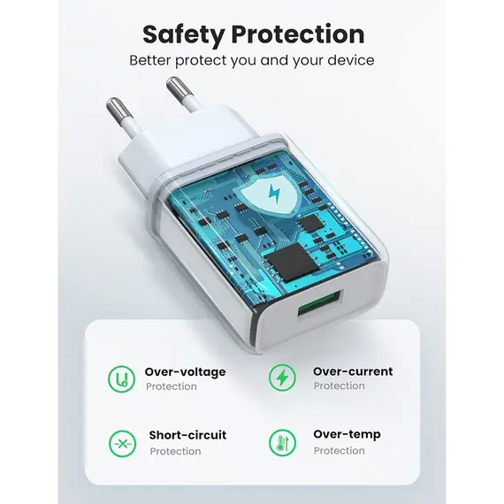 მობილურის დამტენი UGREEN CD122 (10133), 18W, USB Fast Charger, White - Primestore.ge