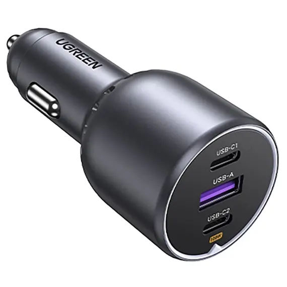 მანქანის დამტენი UGREEN EC705 (35025), 130W, Type-C, USB-A, 3-Port Fast Car Charger, Grey - Primestore.ge