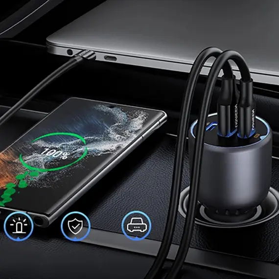 მანქანის დამტენი UGREEN EC705 (35025), 130W, Type-C, USB-A, 3-Port Fast Car Charger, Grey - Primestore.ge