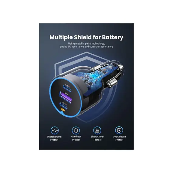 მანქანის დამტენი UGREEN EC703 (35024), 75W, Type-C, USB-A, 3 Port Fast Car Charger, Grey - Primestore.ge