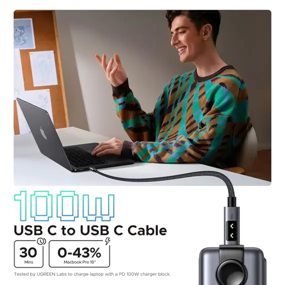 USB კაბელი UGREEN Uno L509 (45612), 100W, Type-C to Type-C, 0.5M, Black/Grey - Primestore.ge