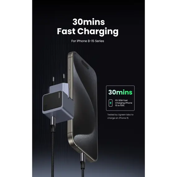 მობილურის დამტენი UGREEN X503 (35041) NExode Air, 30W, Type-C, GaNInfinity Fast Charger, Grey - Primestore.ge