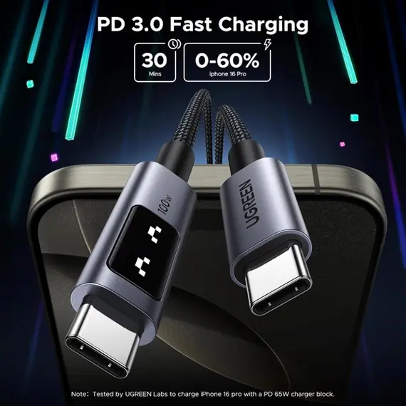 USB კაბელი UGREEN Uno L509 (45612), 100W, Type-C to Type-C, 0.5M, Black/Grey - Primestore.ge