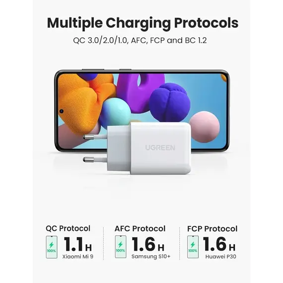 მობილურის დამტენი UGREEN CD122 (10133), 18W, USB Fast Charger, White - Primestore.ge