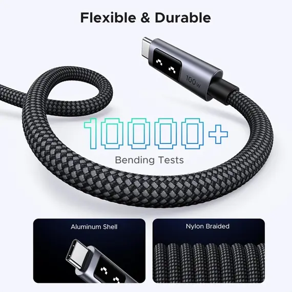 USB კაბელი UGREEN Uno L509 (45612), 100W, Type-C to Type-C, 0.5M, Black/Grey - Primestore.ge