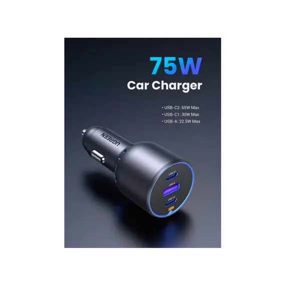 მანქანის დამტენი UGREEN EC703 (35024), 75W, Type-C, USB-A, 3 Port Fast Car Charger, Grey - Primestore.ge