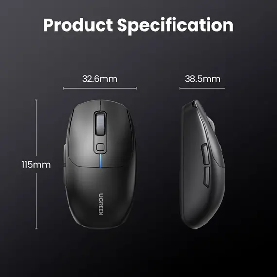 მაუსი UGREEN MU103 (90539), Wireless, 2.4GHz, Bluetooth, USB, Mouse, Black , 3 image - Primestore.ge