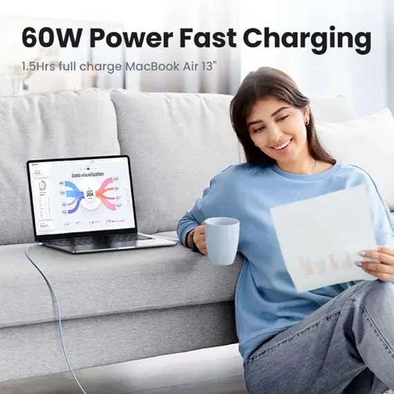 USB კაბელი UGREEN US563 (45180), 60W, Type-C to Type-C PD Fast Charging Silicone Cable, 1m, Purple - Primestore.ge