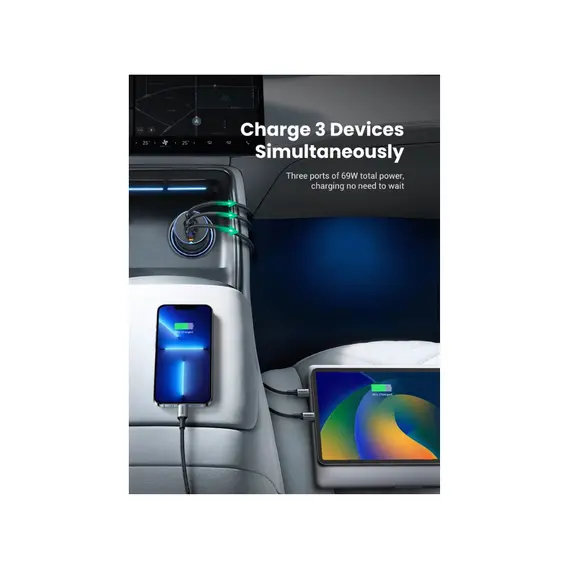 მანქანის დამტენი UGREEN EC703 (35024), 75W, Type-C, USB-A, 3 Port Fast Car Charger, Grey - Primestore.ge