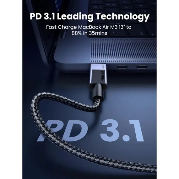 USB კაბელი UGREEN L513 (45068), 240W, Type-C to Type-C PD Fast Charging Cable, 2m, Space Gray - Primestore.ge