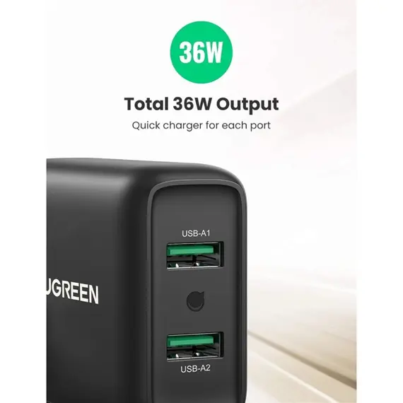 მობილურის დამტენი UGREEN CD161 (10216), 36W, USB, Fast Charger, Black - Primestore.ge