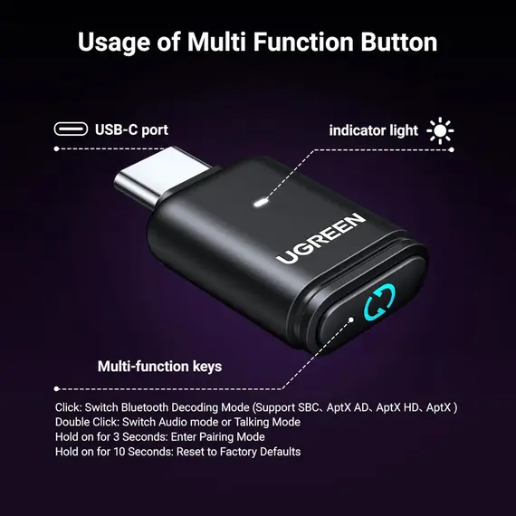 Bluetooth ადაპტერი UGREEN BT501 (45008), Bluetooth Transmitter Audio Adapter fOR PS5, Black - Primestore.ge