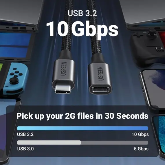 USB ადაპტერი UGREEN US372 (45191), 100W, Type-C Extension Cable, 1m, Black - Primestore.ge
