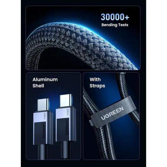 USB კაბელი UGREEN L513 (45068), 240W, Type-C to Type-C PD Fast Charging Cable, 2m, Space Gray - Primestore.ge