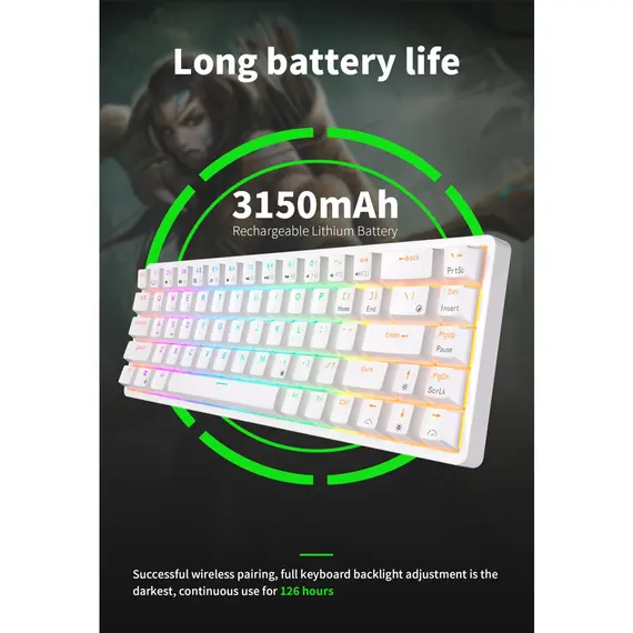 კლავიატურა Royal Kludge RK G68 RGB Mechanical Keyboard, Red switch, Hot Swappable, Wireless, USB Type-C, 2.4 GHz, Bluetooth, White , 4 image - Primestore.ge