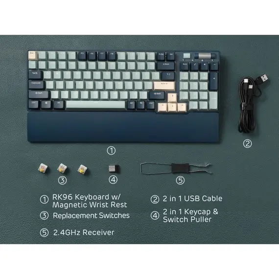 კლავიატურა Royal Kludge RK96 Mechanical Keyboard, Red switch, Hot Swappable, Wireless, USB Type-C, 2.4 GHz, Bluetooth, Forest Blue , 6 image - Primestore.ge