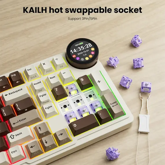 კლავიატურა Royal Kludge RK N99 RGB Mechanical Keyboard, Violet Switch, Hot Swappable, Wireless, USB, Bluetooth, 2.4GHz, Mocha Grey , 3 image - Primestore.ge