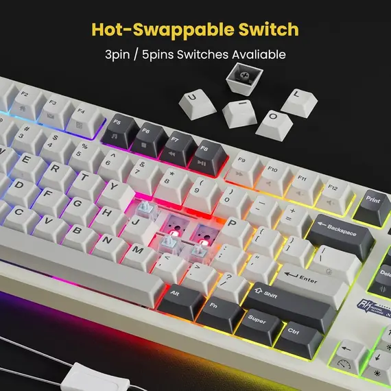 კლავიატურა Royal Kludge RK S85 RGB Mechanical Keyboard, Cloud Switch, Hot Swappable, Wireless, Type-C, Bluetooth, 2.4GHz, White Night , 5 image - Primestore.ge