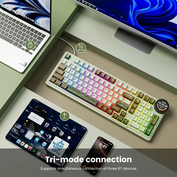 კლავიატურა Royal Kludge RK N99 RGB Mechanical Keyboard, Cream Switch, Hot Swappable, Wireless, USB, Bluetooth, 2.4GHz, Palm Green , 7 image - Primestore.ge