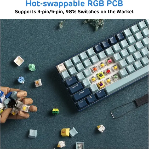 კლავიატურა Royal Kludge RK96 Mechanical Keyboard, Red switch, Hot Swappable, Wireless, USB Type-C, 2.4 GHz, Bluetooth, Forest Blue , 5 image - Primestore.ge