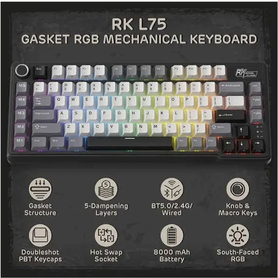 კლავიატურა Royal Kludge RK L75 RGB Mechanical Keyboard, Cream Switch, Hot Swappable, Wireless, Type-C, Bluetooth, 2.4GHz, Knight Black , 3 image - Primestore.ge