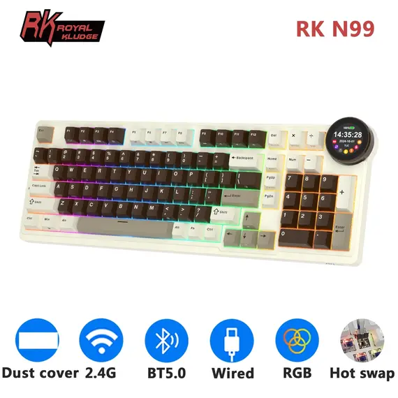 კლავიატურა Royal Kludge RK N99 RGB Mechanical Keyboard, Violet Switch, Hot Swappable, Wireless, USB, Bluetooth, 2.4GHz, Mocha Grey , 4 image - Primestore.ge