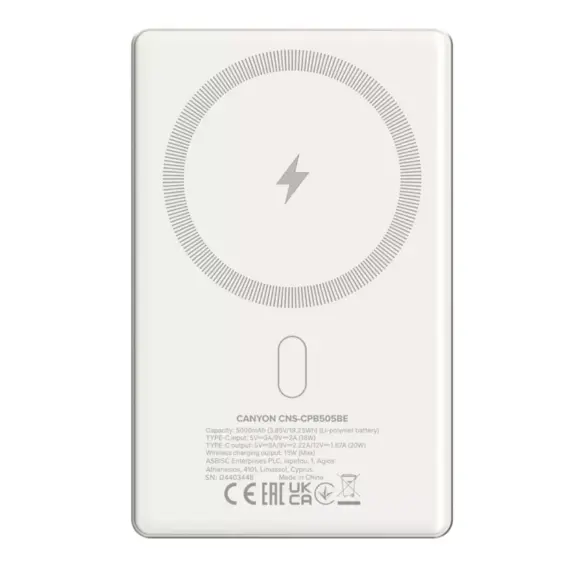 პორტატული დამტენი CANYON power bank OnPower 505 slim Magnetic 5000 Beige (CNS-CPB505BE) , 3 image - Primestore.ge