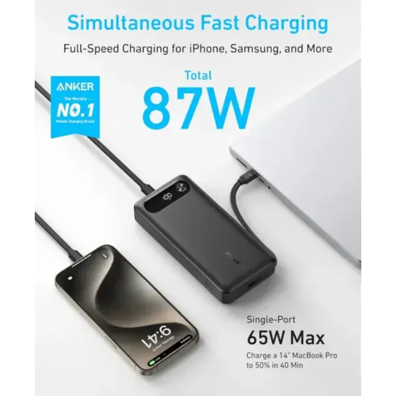 პორტატული დამტენი Anker Power Bank (20K, 87W, Built-In USB-C Cable) B2B - UN (excluded CN, Europe) Black Iteration 1 , 2 image - Primestore.ge