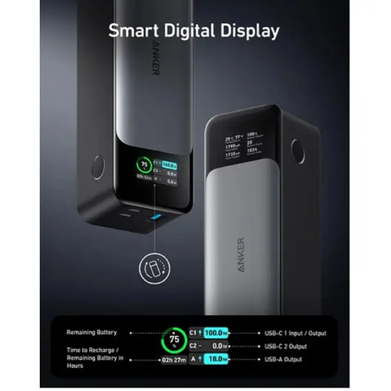 პორტატული დამტენი Anker 737 Power Bank Gen 2 (24000mAh, 140W) - UN Black 1 , 2 image - Primestore.ge