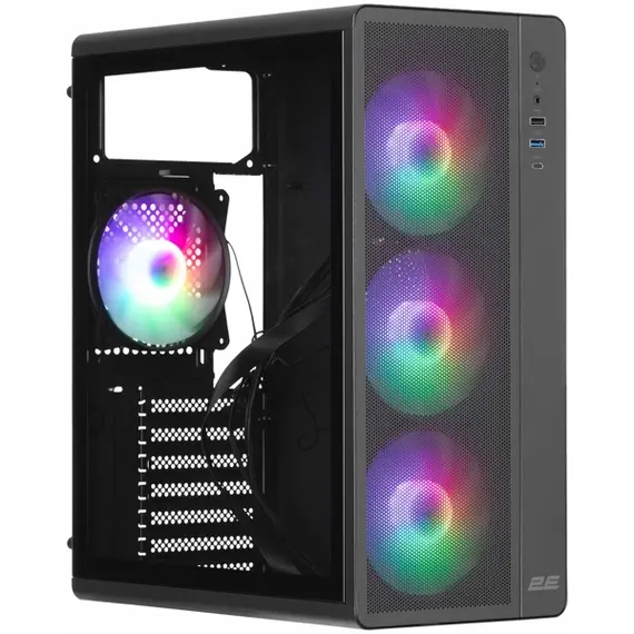 კომპიუტერის ქეისი 2E-V510B, PC case 2E GAMING Credo Plus V510B without PSU, 1xUSB3.0, 1х USB 2.0, 1xUSB Type-C, 4x120mm RGB Rainbow, VGA 310mm, TG Side Panel, ATX, black - Primestore.ge