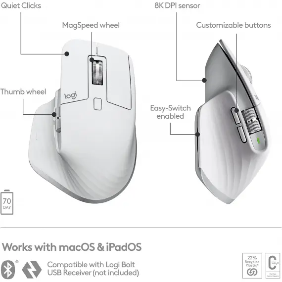 მაუსი LOGITECH MX Master 3S For Mac Performance Wireless Mouse - PALE GREY - BT - EMEA , 3 image - Primestore.ge