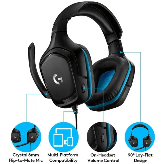ყურსასმენი LOGITECH G432 Wired Gaming Headset 7.1 - LEATHERETTE - BLACK/BLUE - USB , 4 image - Primestore.ge