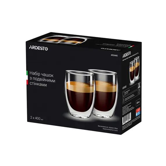 ლატეს ჭიქების ნაკრები ARDESTO Double wall borosilicate glass mug set Ardesto, 400 ml, 2 pcs , 2 image - Primestore.ge