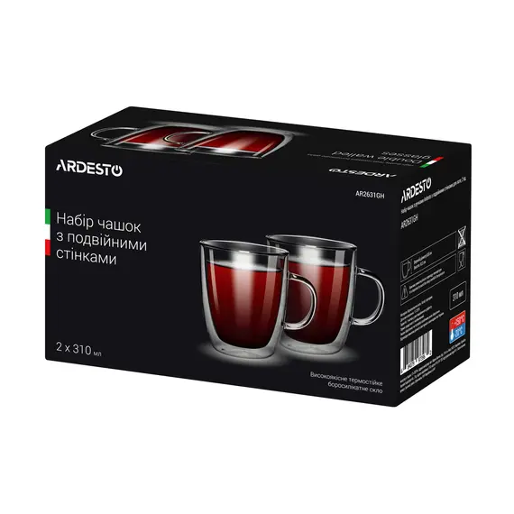 ლატეს ჭიქების ნაკრები ARDESTO Double wall borosilicate glass mug set Ardesto, 310 ml, 2 pcs, with handles , 2 image - Primestore.ge