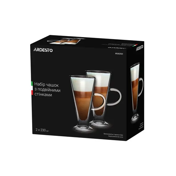 ლატეს ჭიქების ნაკრები ARDESTO Double wall borosilicate glass mug set Ardesto, 230 ml, 2 pcs, with handles , 2 image - Primestore.ge