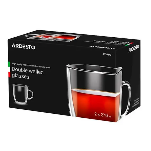 ჭიქა ARDESTO Double wall borosilicate glass cup set 270 ml 2 pcs with handles , 2 image - Primestore.ge