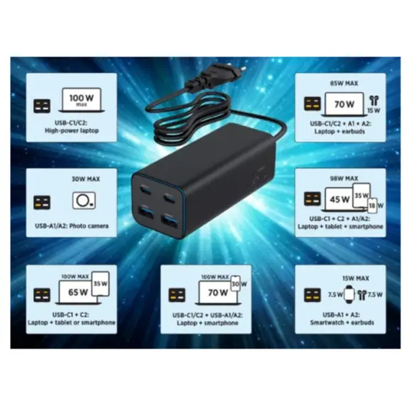 დამტენი Gembird TA-UC-2A2C-PD100-01-BK 4-port 100W GaN USB PowerDelivery fast charger Black , 4 image - Primestore.ge