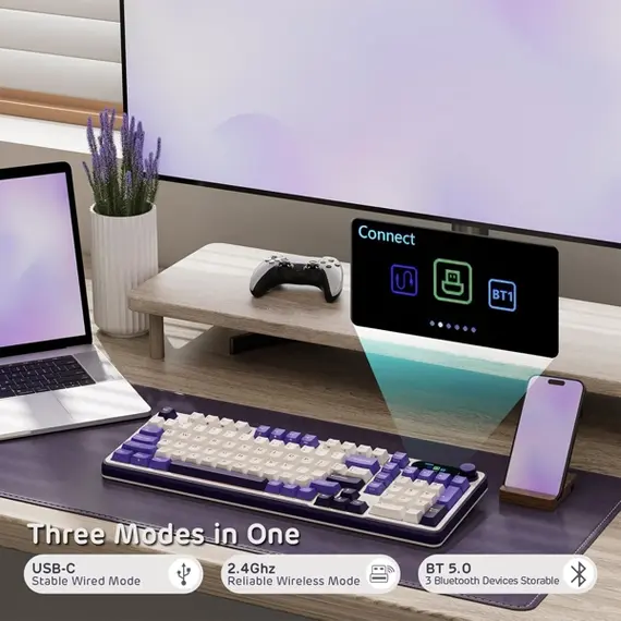 კლავიატურა Royal Kludge RK S98 RGB Mechanical Keyboard, Brown switch, Smart Display, Hot Swappable, Type-C wired, Bluetooth 5.0, 2.4GHz, Blackberry - Primestore.ge